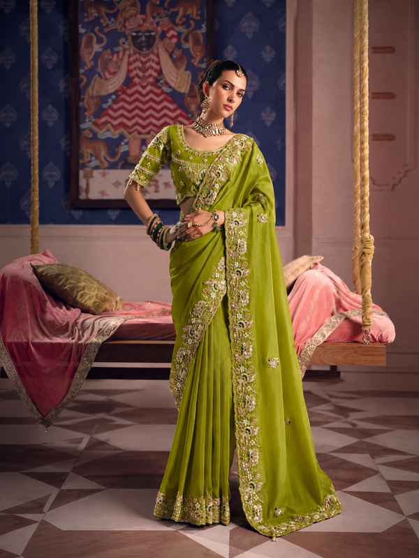 Parrot Green Georgette Saree & Matching Blouse