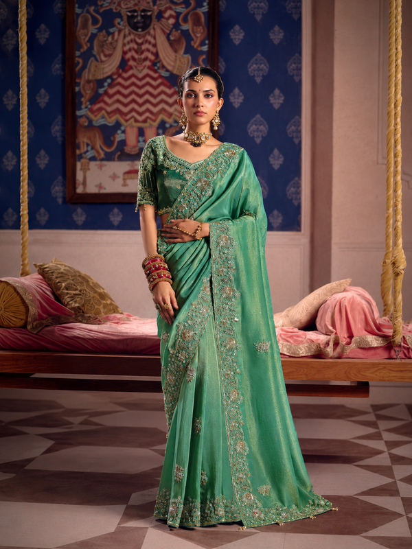 Sea Green Embroidered Saree with Heavy Sequin Zari Border