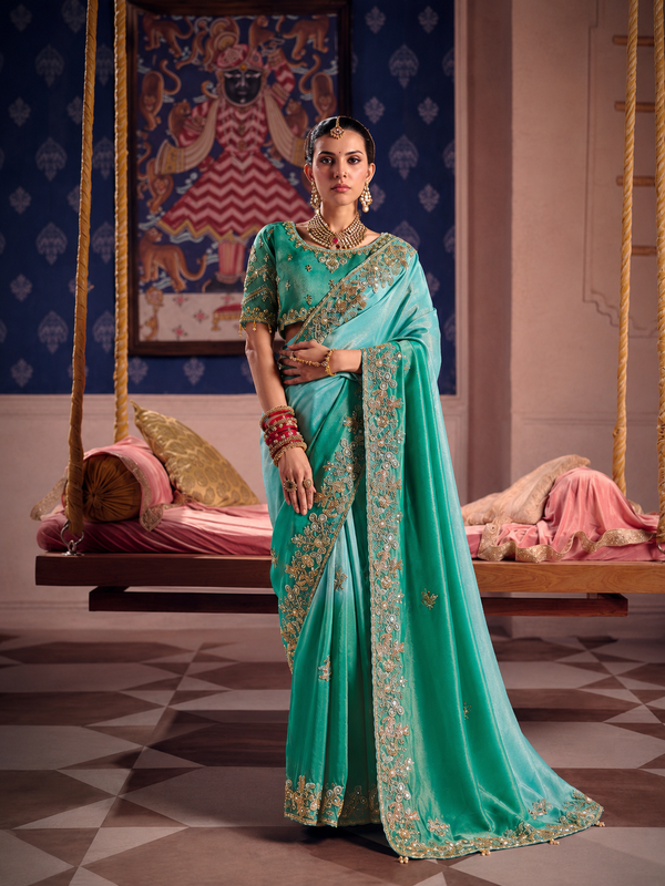 Turquoise Ombre Saree with Zari Floral Embroidered Border