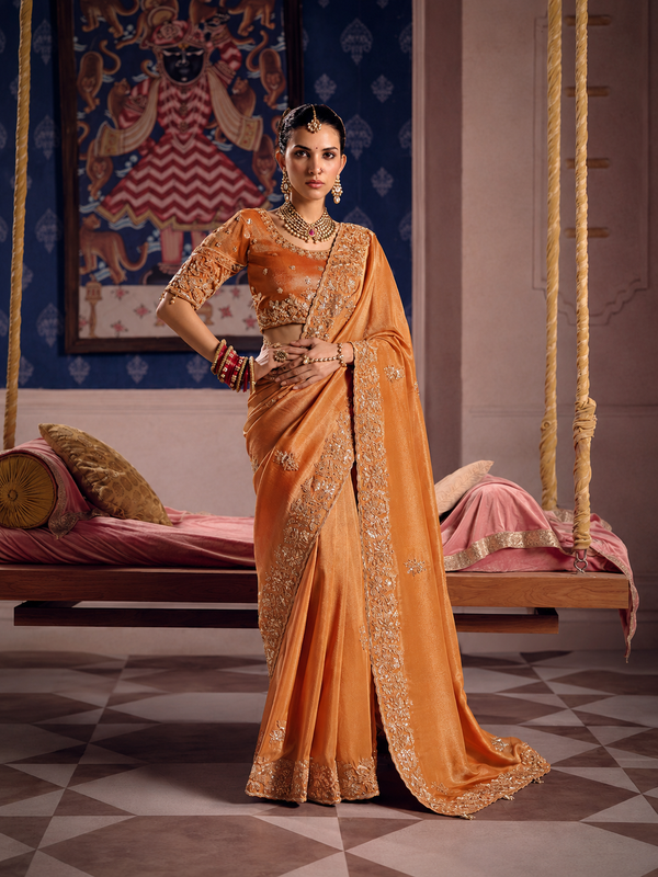 Rust Orange Silk Saree with Sequin Floral Embroidered Border