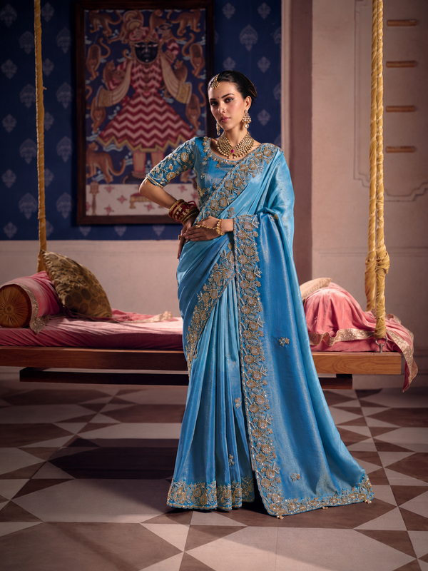Sky Blue Silk Saree with Heavy Gold Floral Embroidered Border