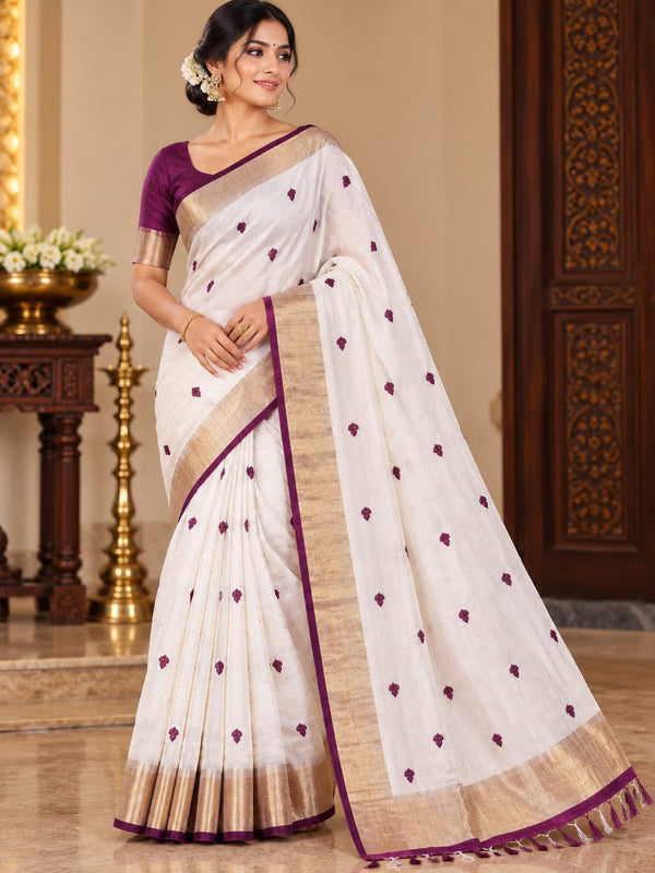Elegant Ivory Cotton Saree with Plum & Gold Border
