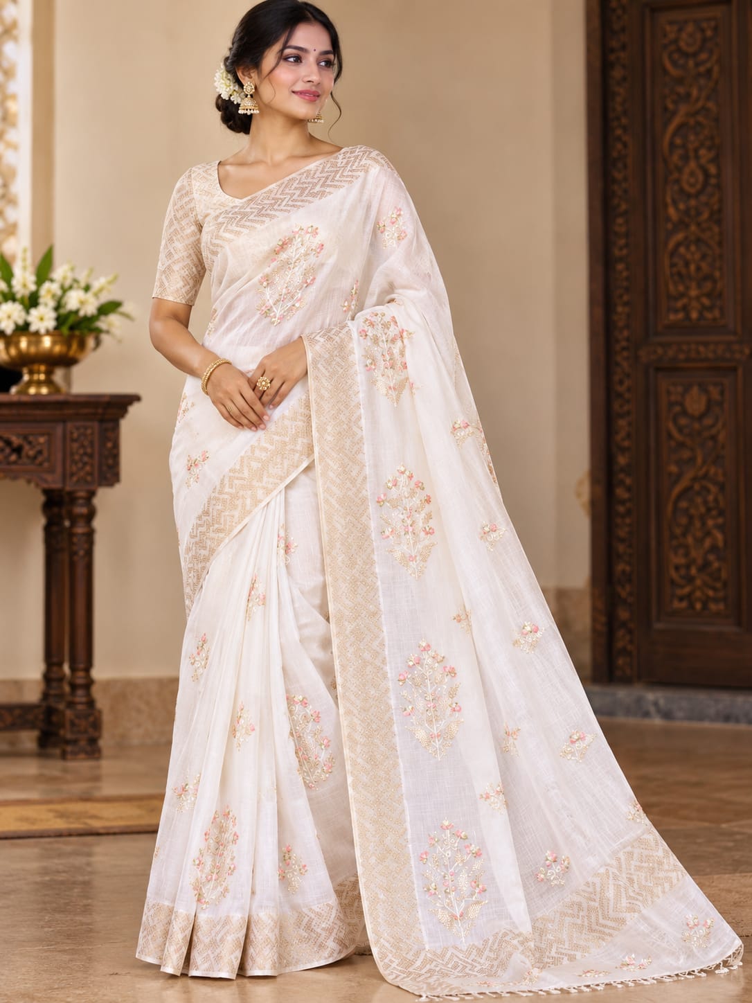 Ivory Floral Embroidered Cotton Saree with Delicate Gold Border