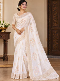 Ivory Floral Embroidered Cotton Saree with Delicate Gold Border