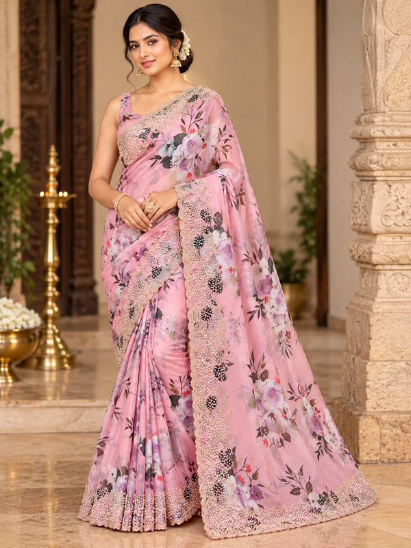 Soft Blush Pink Saree with delicate floral shades of lavender, mauve, white, dusty rose, and muted green