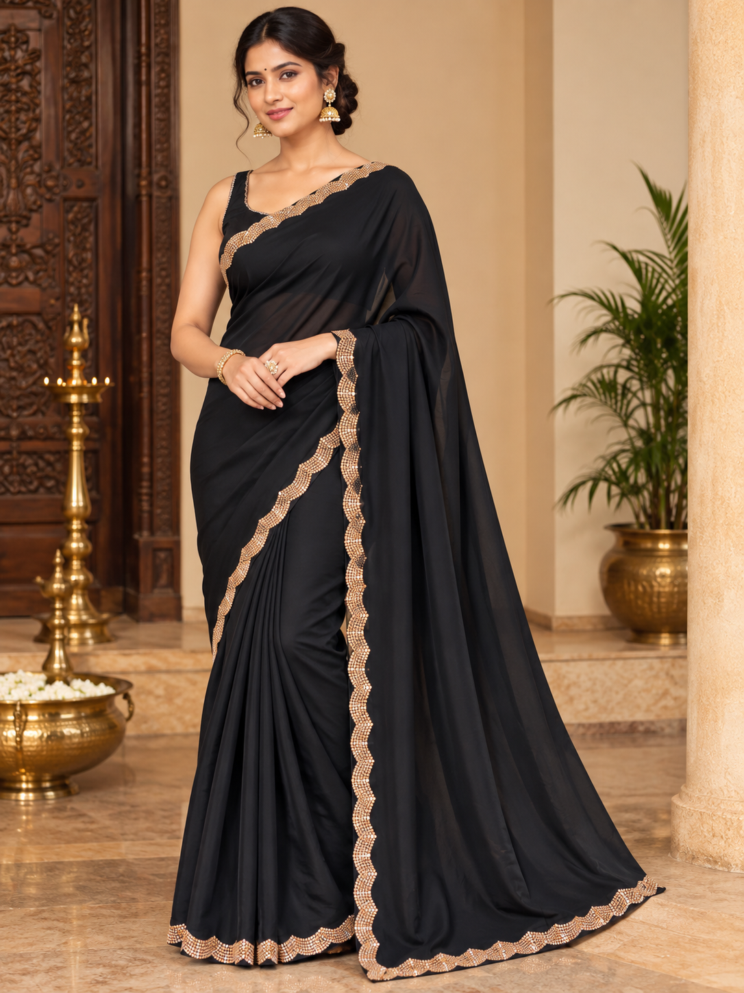 Classic Jet Black Satin Saree with an elegant Gold / Champagne Gold embellished border.