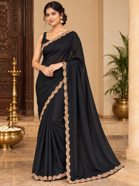 Classic Jet Black Satin Saree with an elegant Gold / Champagne Gold embellished border.