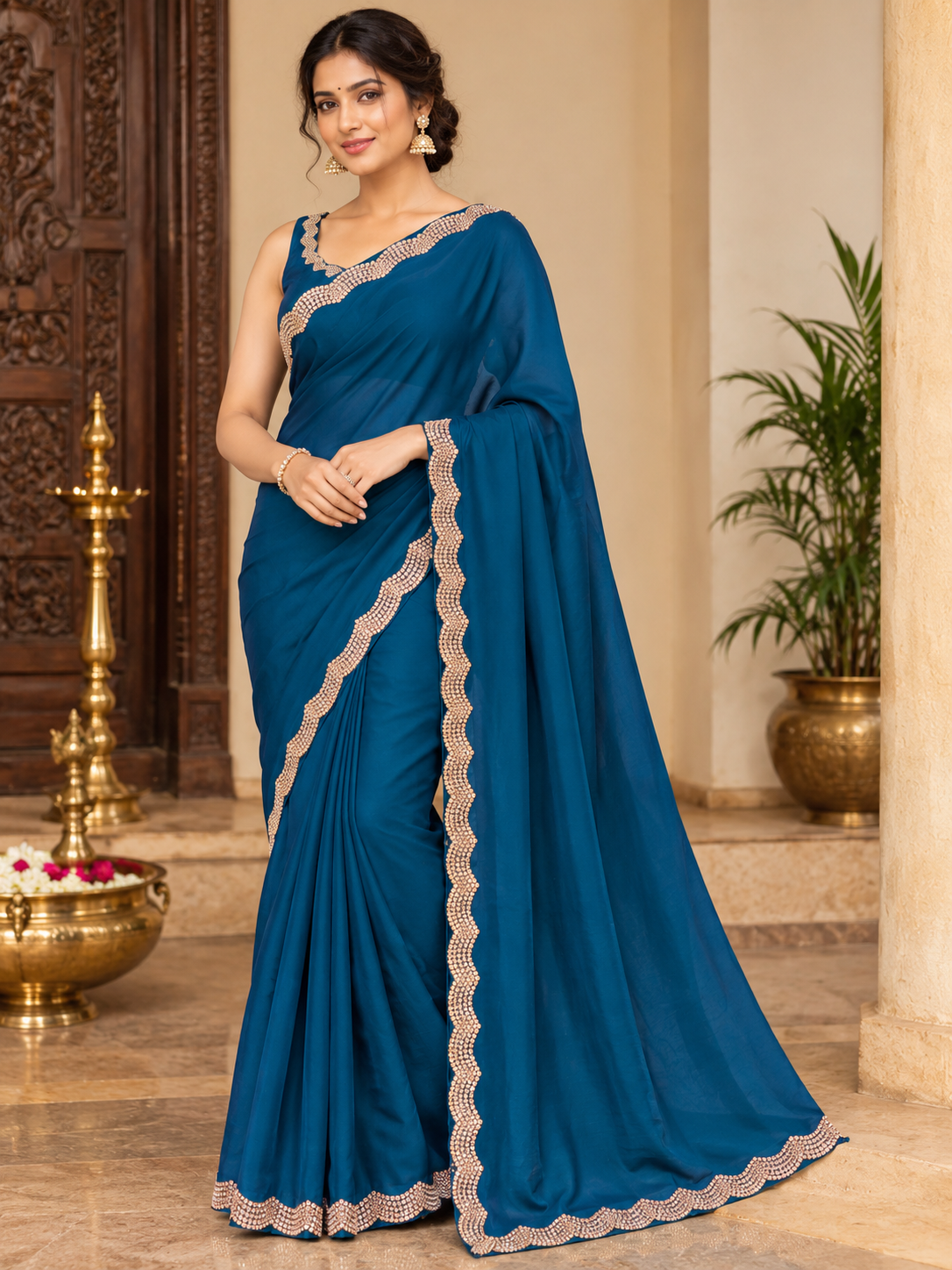 Classic Teal Satin Saree with an elegant Champagne Gold embellished border.