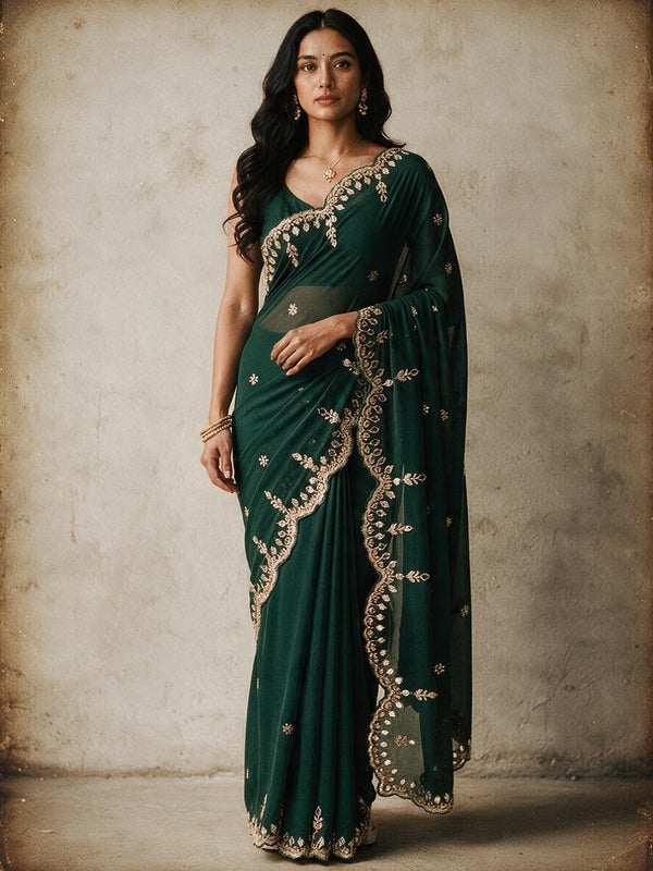 Green Organza Saree with Intricate Gold Floral Embroidery
