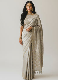 Ivory Saree with Gold Floral Woven Border and Scalloped Pallu