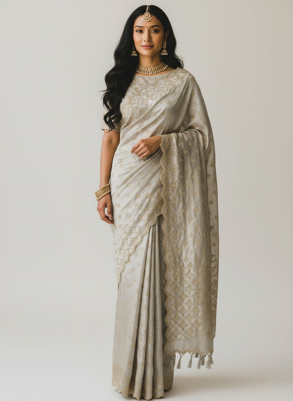 Ivory Saree with Gold Floral Woven Border and Scalloped Pallu