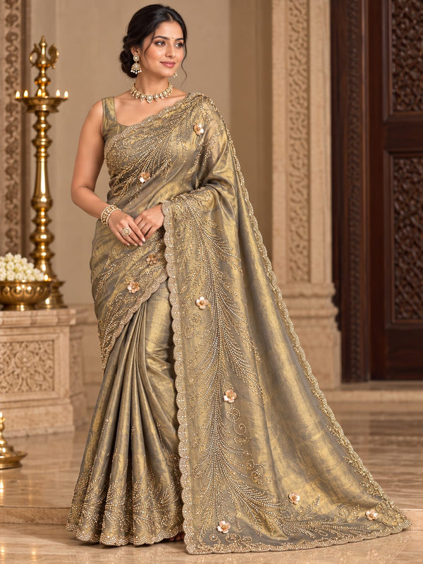 Antique Gold Saree with Intricate Embroidered Floral Border and Scalloped Edge