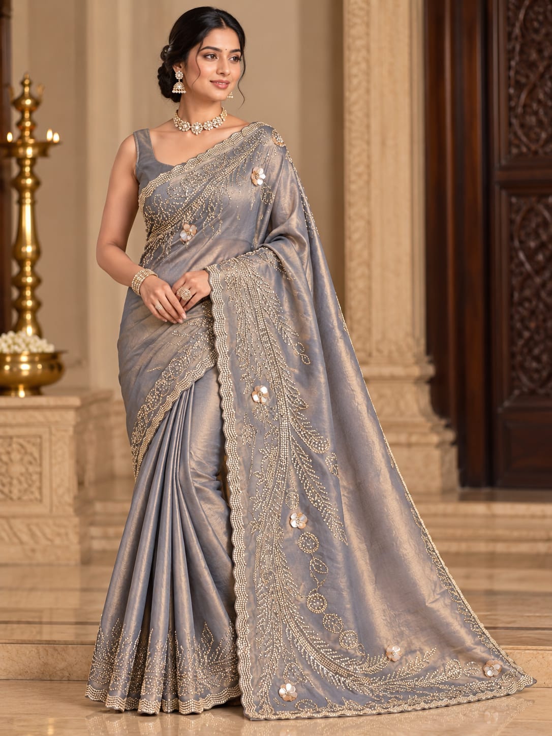 Elegant Silver Grey Gold Embellished Designer Saree