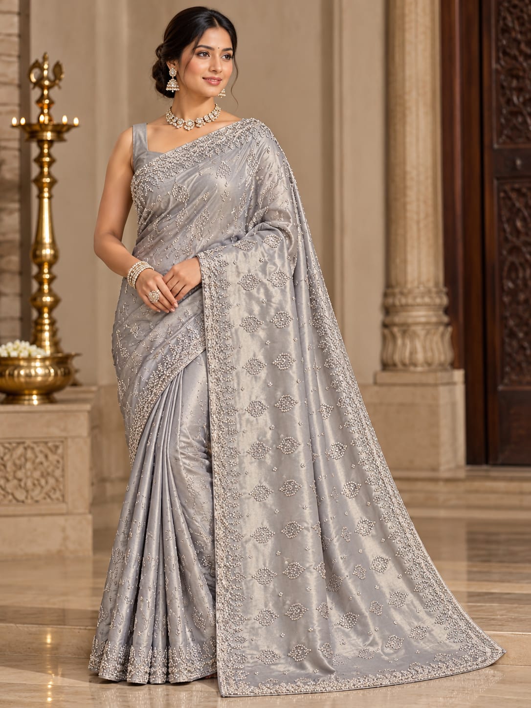 Elegant Silver Grey Embellished Designer Saree