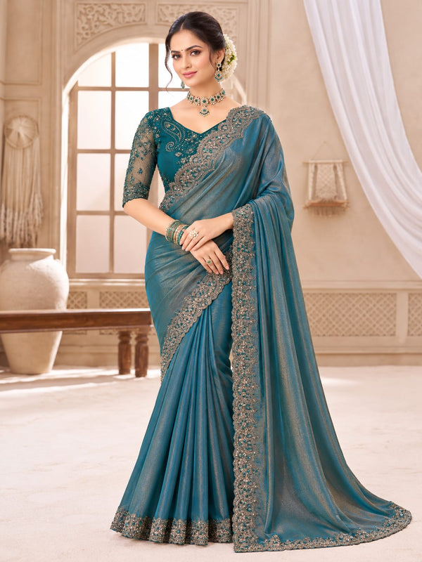 Teal Blue Chiffon Saree with Intricate Embroidered Border