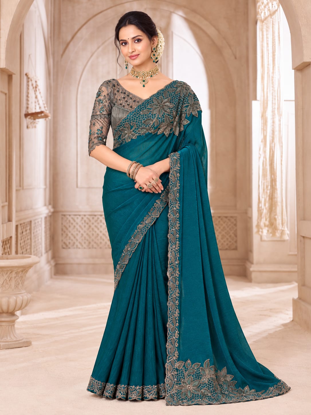 Peacock Teal Chiffon Saree with Floral Embroidered Border