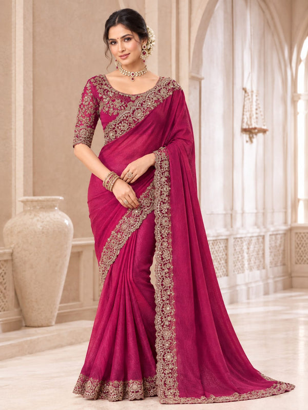 Magenta Saree with Gold-Tone Floral Embroidery