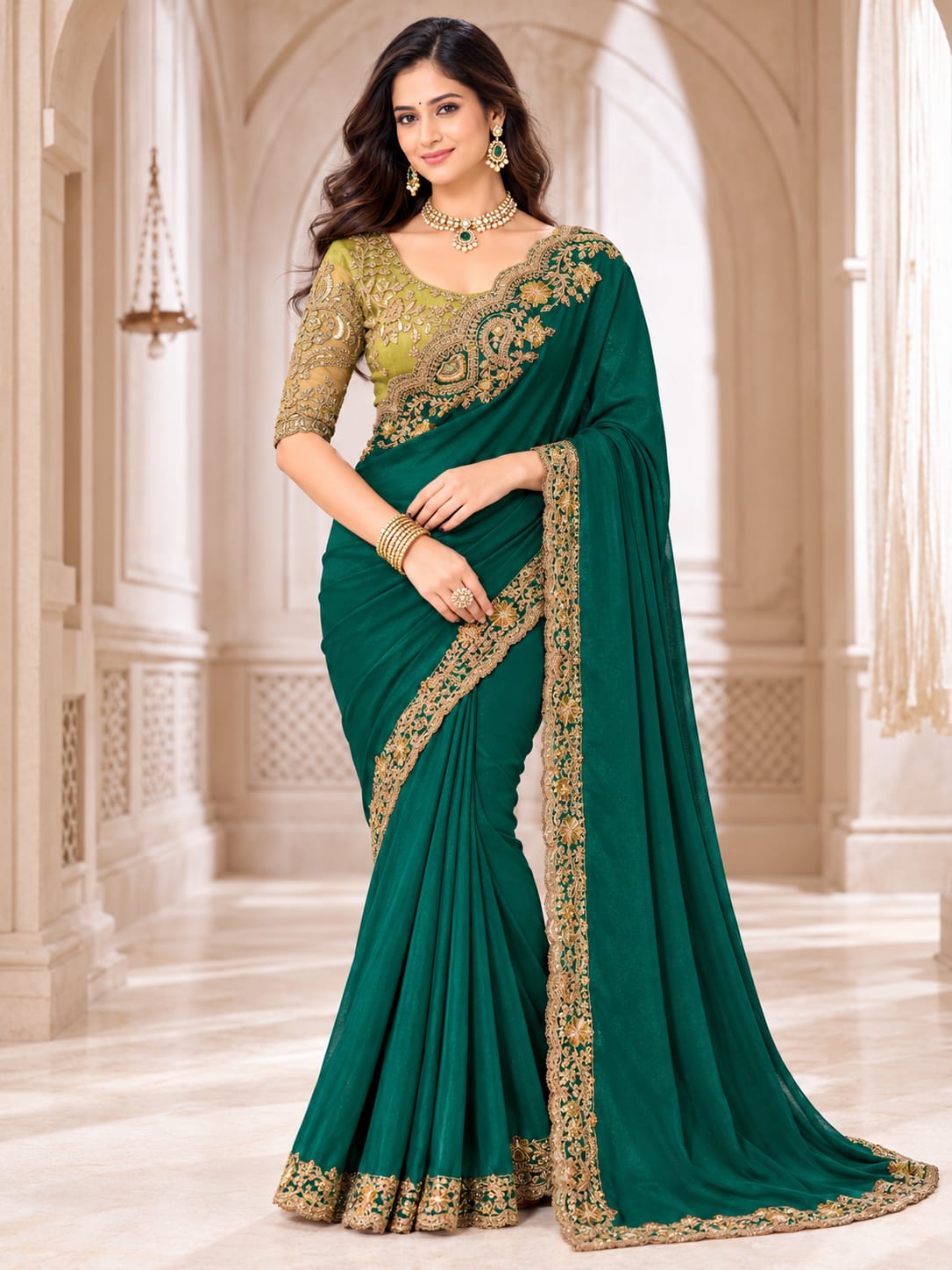 Deep Teal Saree with Gold Embroidered Border