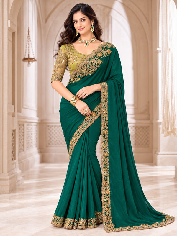 Deep Teal Saree with Gold Embroidered Border