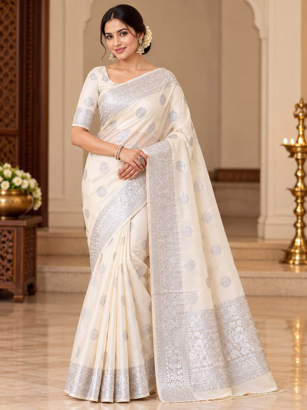 Elegant Ivory  Saree with Silver Zari Woven Motifs