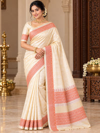 Elegant Cream Silk Saree with Coral Peach Woven Border