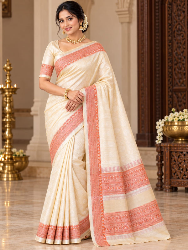 Elegant Cream Silk Saree with Coral Peach Woven Border