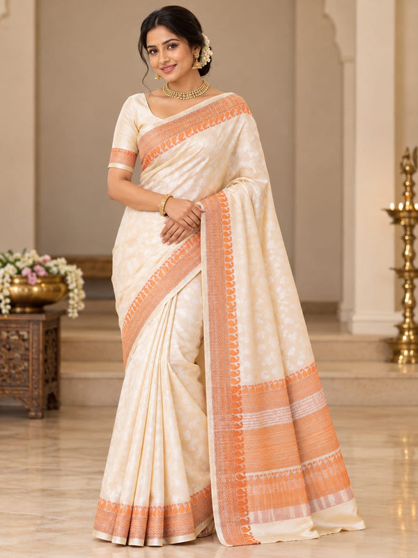 Elegant Ivory Saree with Peach Orange Woven Border