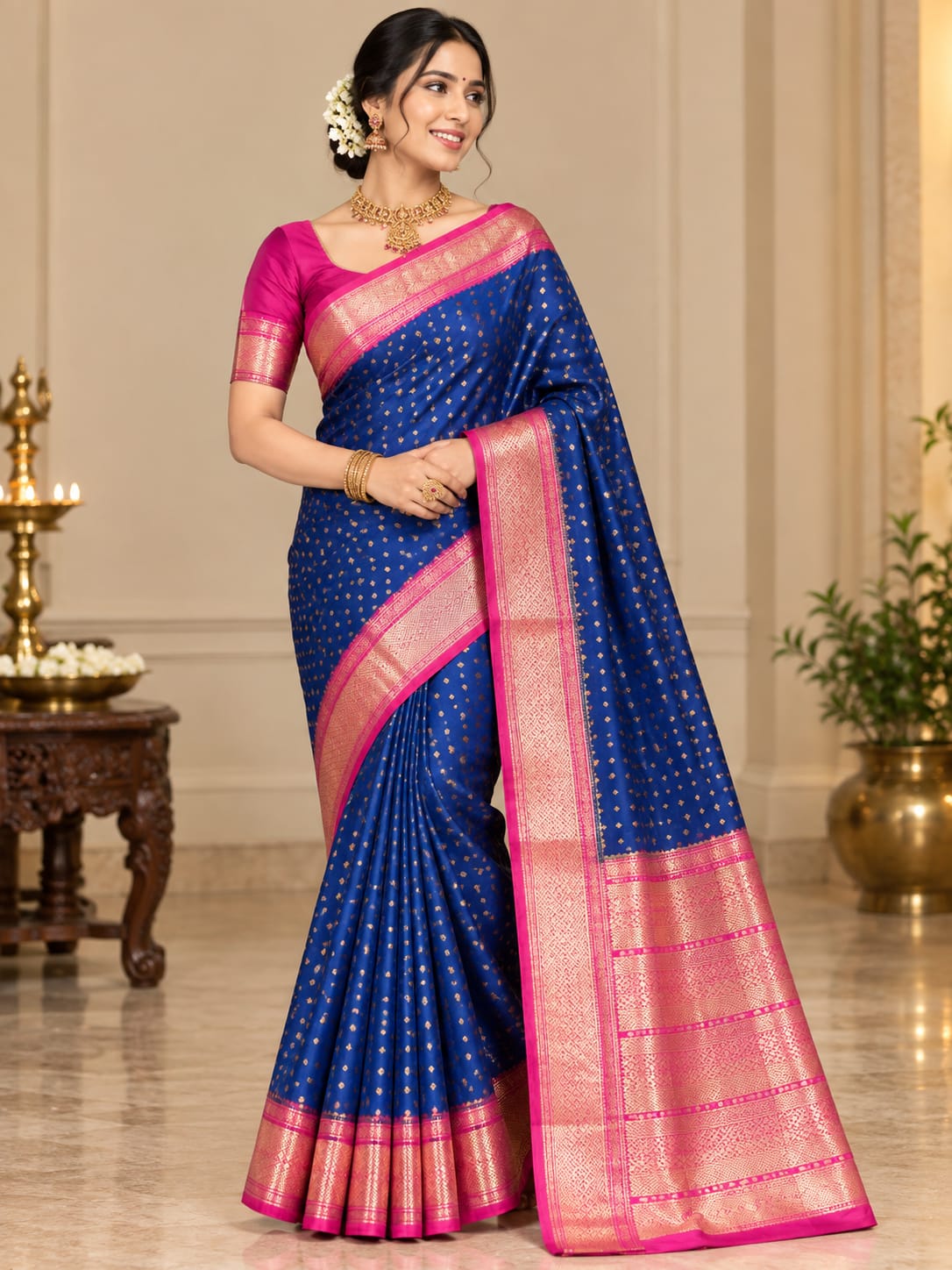 Royal Blue & Pink Zari Woven Georgette Saree