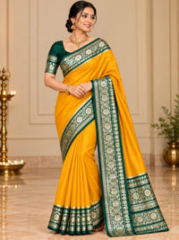 Mustard Yellow & Bottle Green Floral Georgette  Saree