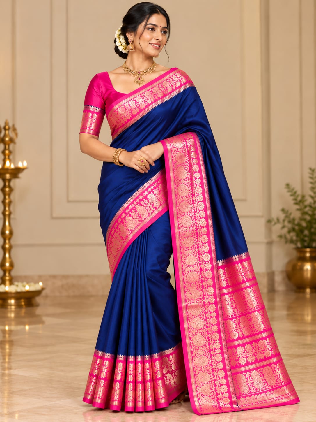 Navy Blue & Pink Floral Zari Georgette Saree