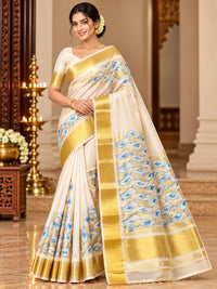 Elegant Ivory Cotton Silk Saree with Golden Zari Border & Blue Floral Motifs