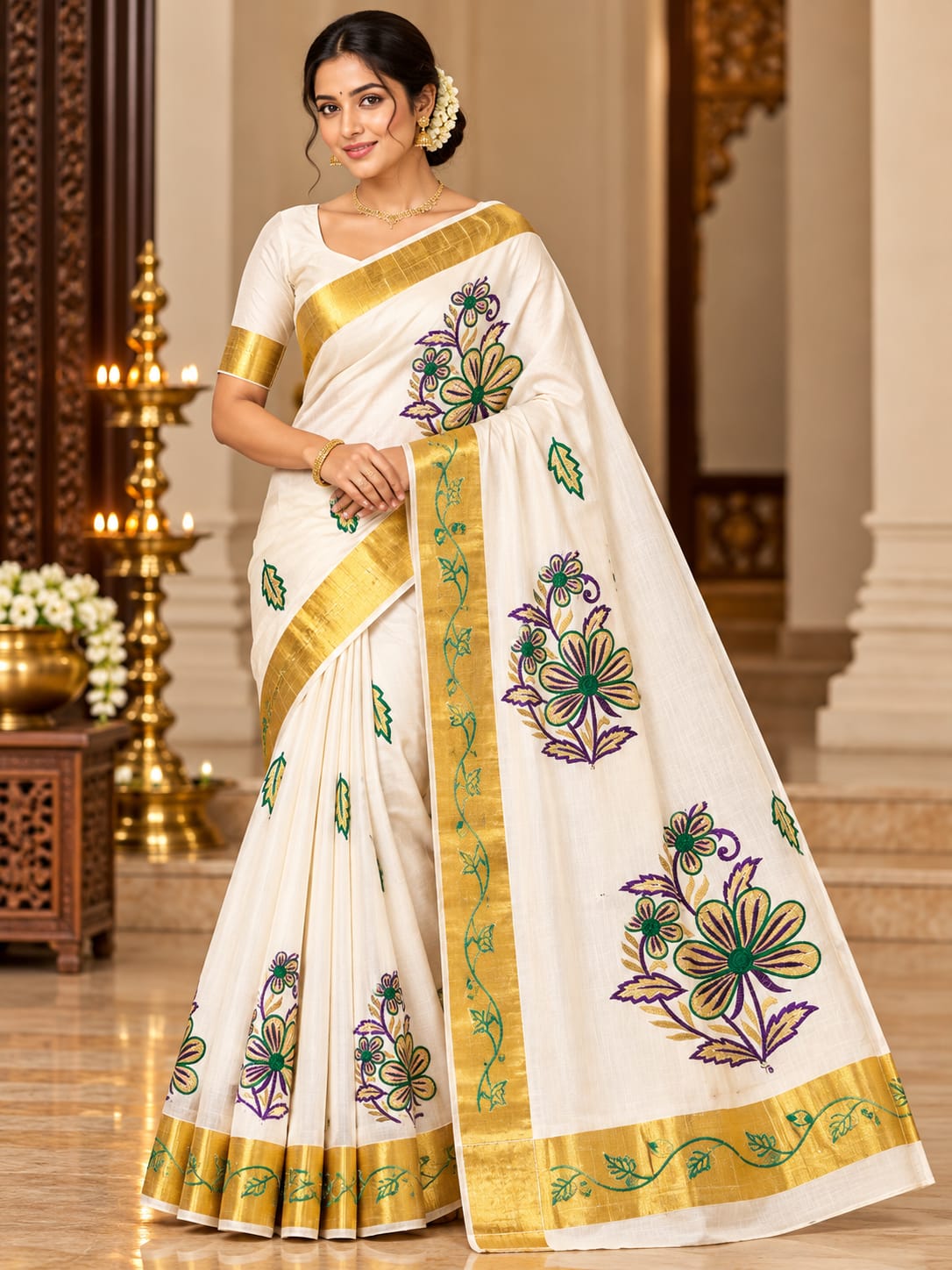 Elegant Ivory Cotton Silk Saree with Multicolour Floral Embroidery & Gold Border