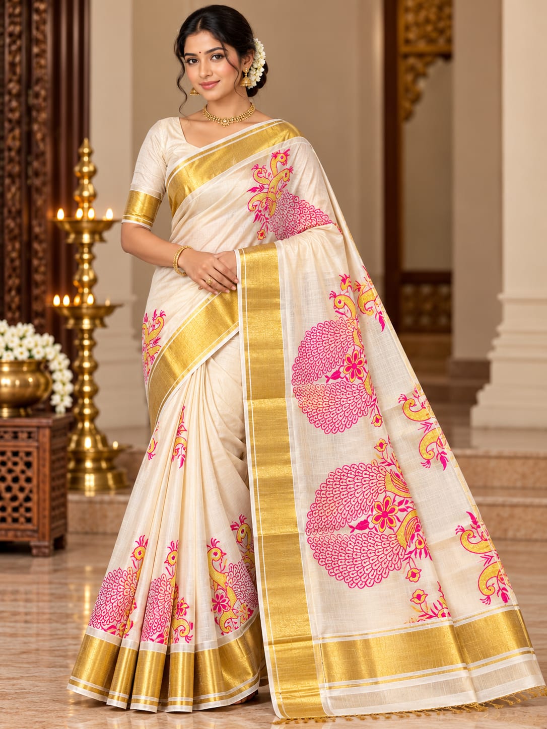 Elegant Ivory Cotton Silk Saree with Pink Floral Motifs & Gold Zari Border