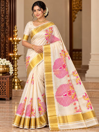 Elegant Ivory Cotton Silk Saree with Pink Floral Motifs & Gold Zari Border