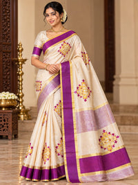 Elegant Ivory Cotton Silk Saree with Purple & Gold Geometric Motifs