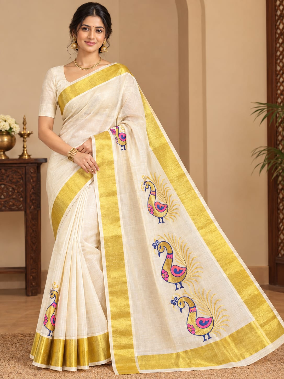 Elegant Ivory Saree with Golden Zari Border & Peacock Motifs
