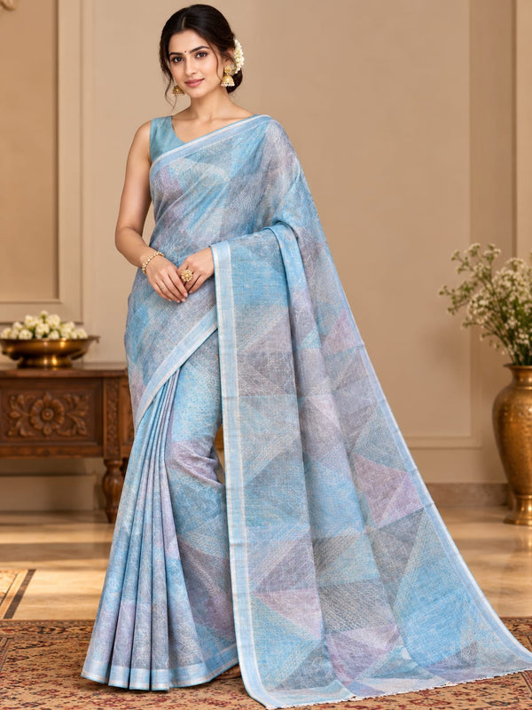 Pastel Blue & Lavender Kora Linen Saree with Delicate Woven Pattern