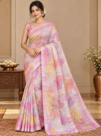 Pastel Pink Floral  Kora Linen Printed Saree with Multicolour Accents