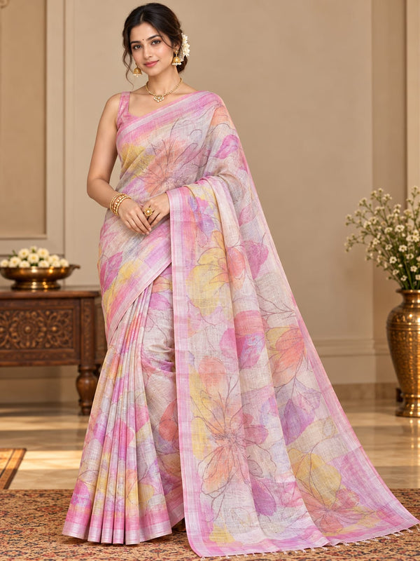 Pastel Pink Floral  Kora Linen Printed Saree with Multicolour Accents