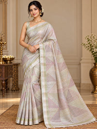 Pastel Sage Green & Blush Pink Geometric Kora Linen Printed Saree