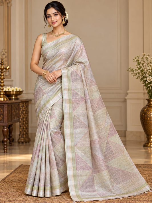 Pastel Sage Green & Blush Pink Geometric Kora Linen Printed Saree
