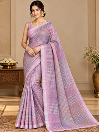 Lavender Pink Checked Pattern Saree with Multicolour Woven Accents