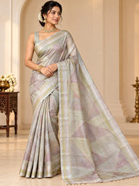 Pastel Sage Green & Blush Geometric Kora Linen Saree