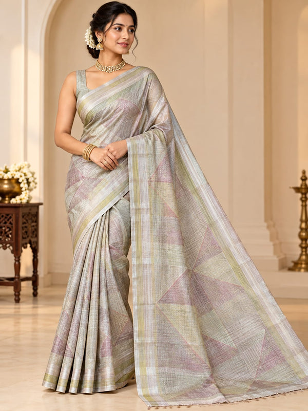 Pastel Sage Green & Blush Geometric Kora Linen Saree