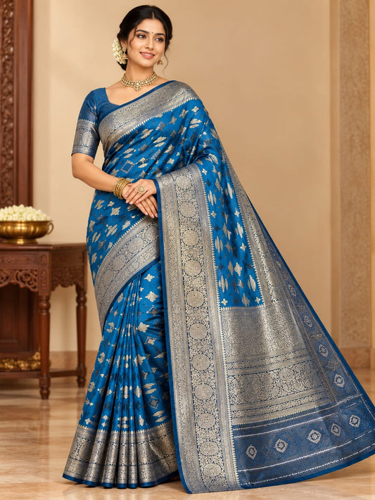 Royal Blue & Silver Zari Woven Banarasi Silk Saree