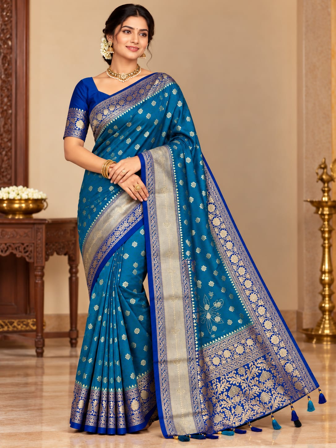 Royal Blue & Teal Banarasi-Inspired Silk Saree