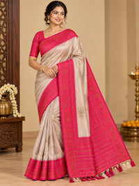 Elegant Champagne & Fuchsia Pink Woven Silk Saree with Designer Border