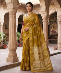 Mustard Yellow Printed Chanderi Saree | Ethnic Festive Wear