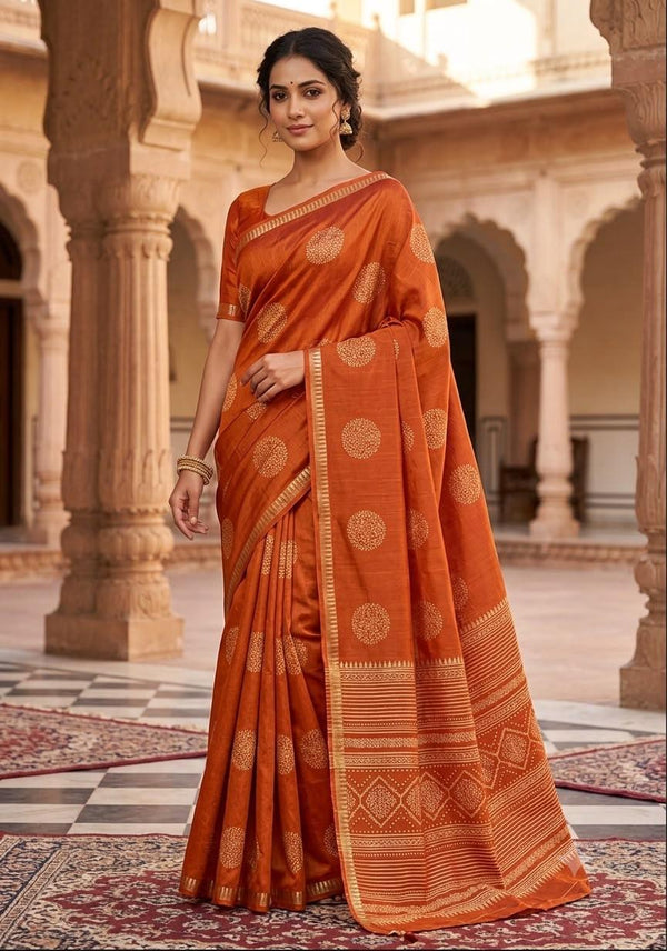 Rust Orange Printed Chanderi Saree with Zari Border