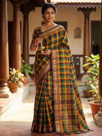Multicolor Checked Cotton Silk Saree with Temple Zari Border